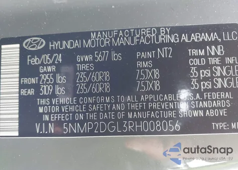 2024 Hyundai Santa Fe Sel z USA, uszkodzony, nr VIN 5NMP2DGL3RH008056